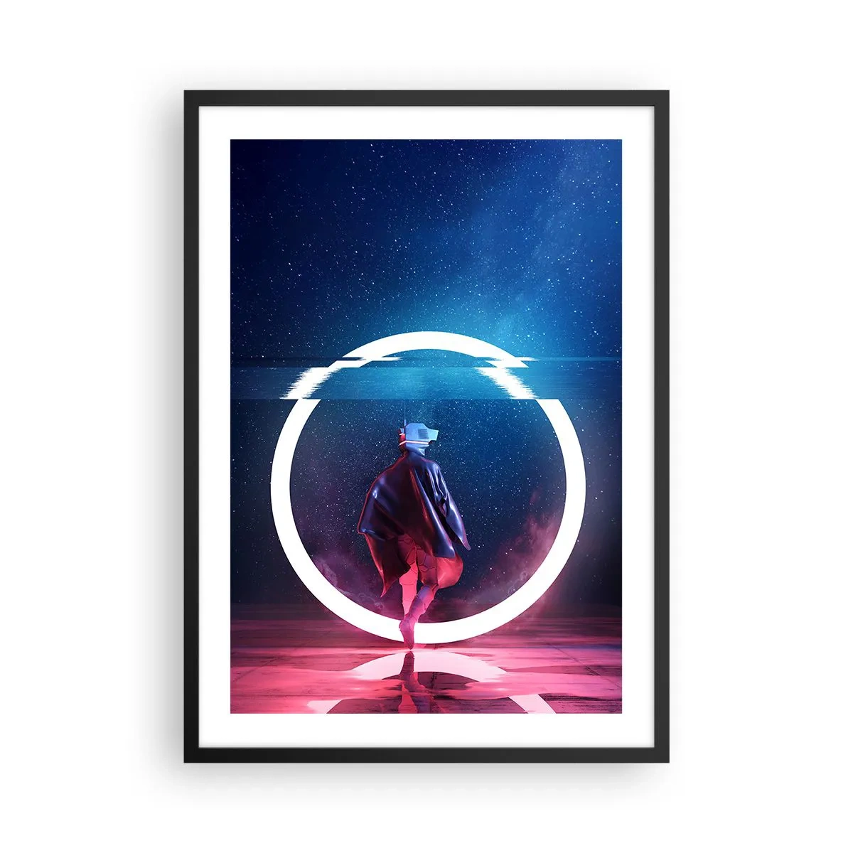 Plakát v černém rámu - Postava ve futuristickém oblečení a VR brýlích na pozadí světelného kruhu - 50x70cm - Mezi světy - Moderní nástěnná dekorace do obývacího pokoje a ložnice ARTTOR
