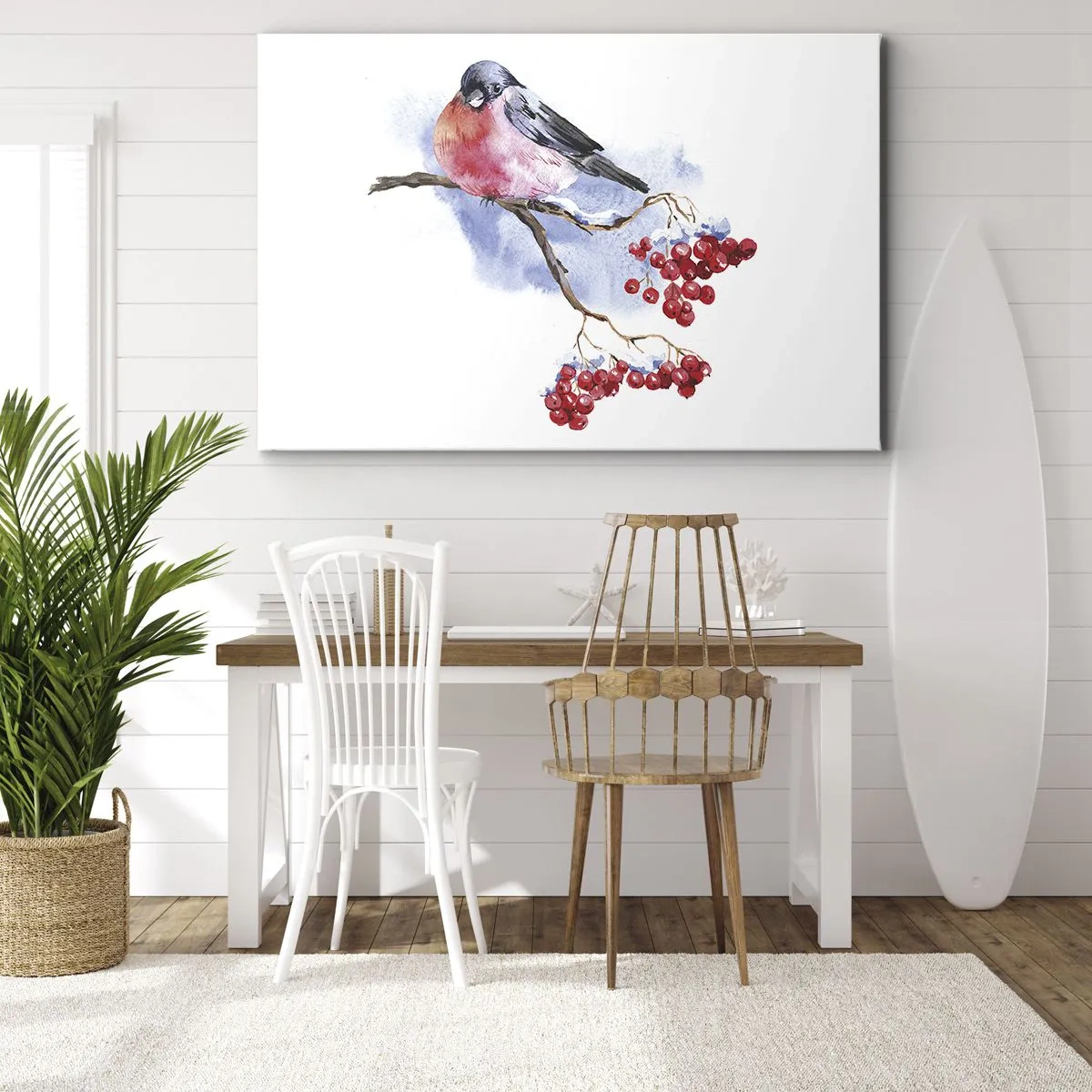 Obraz na plátně - Pták na větvi s červeným ovocem na akvarelovém pozadí - 70x50cm - Barevná zima - Moderní nástěnná dekorace do obývacího pokoje a ložnice ARTTOR