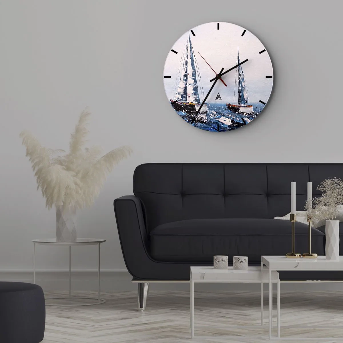 Nástěnné hodiny - Dvě plachetnice na rozbouřeném moři v malířském stylu - 30x30cm - Bratrství větru - Moderní nástěnná dekorace do obývacího pokoje, kuchyně a ložnice ARTTOR