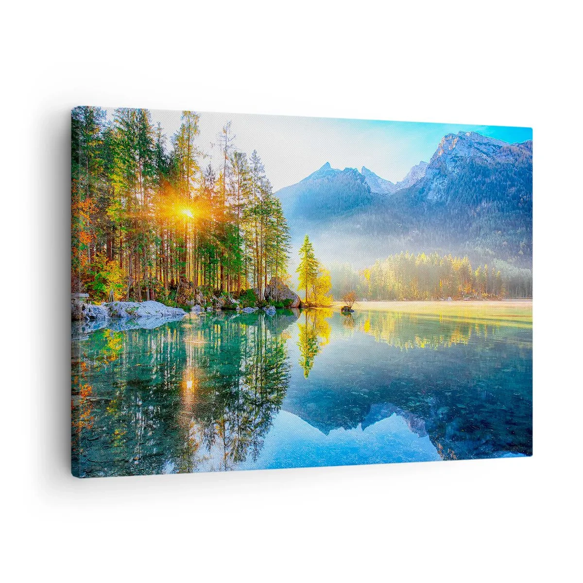 Obraz na plátně - Jezero obklopené horami a lesem v paprscích slunce - 70x50cm - Majestát a sladkost - Moderní nástěnná dekorace do obývacího pokoje a ložnice ARTTOR