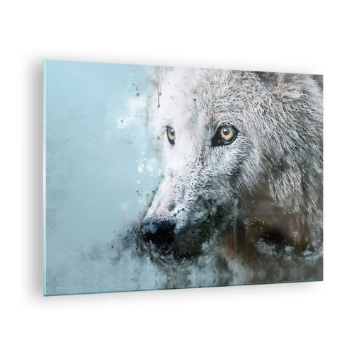 Obraz na skle - Portrét vlka s uměleckými, rozmazanými akcenty v odstínech modré - 70x50cm - Seznamte se s vlčí duší - Moderní nástěnná dekorace do obývacího pokoje a ložnice ARTTOR