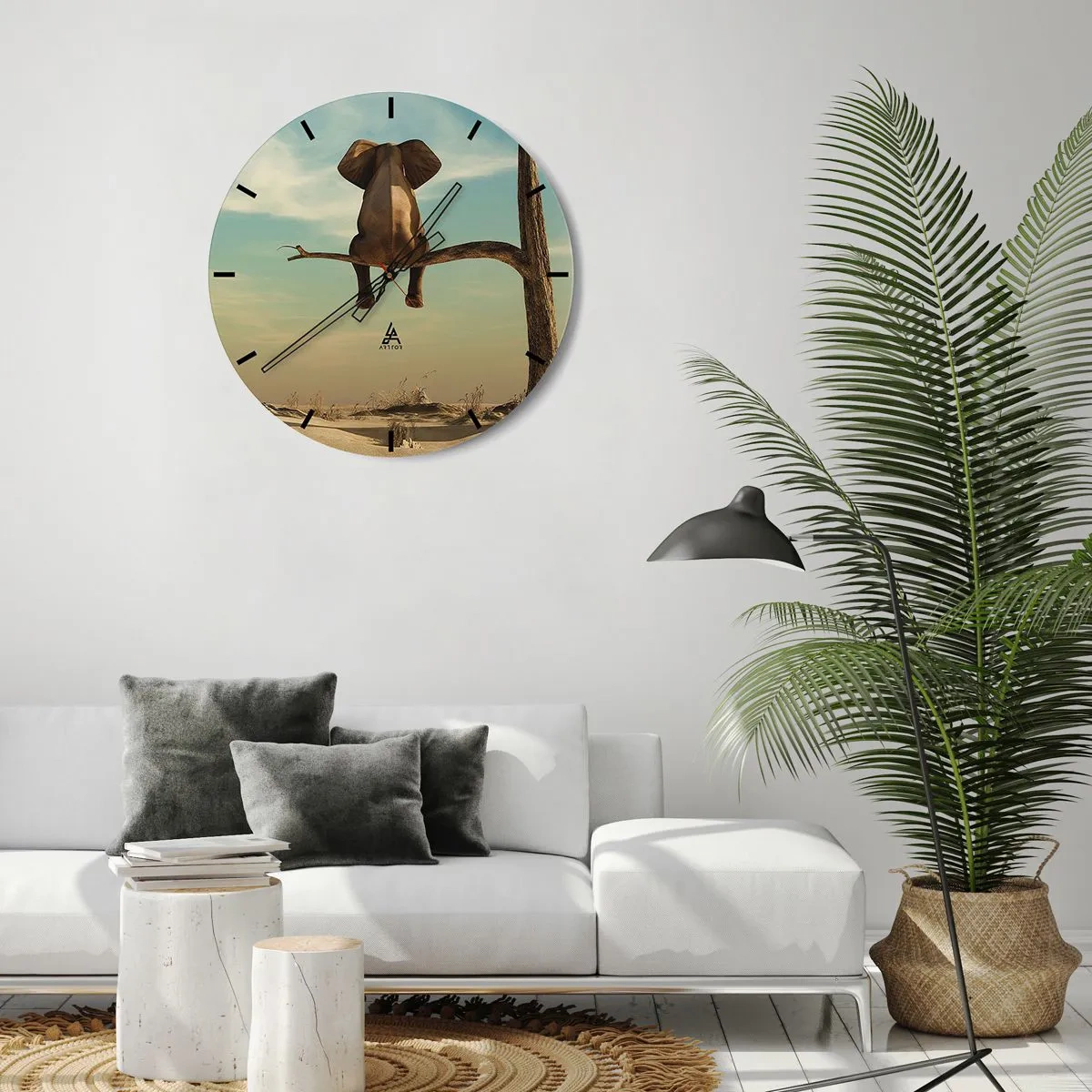 Nástěnné hodiny - Slon sedící na větvi osamělého stromu proti obloze - 30x30cm - Nový úhel pohledu - Moderní nástěnná dekorace do obývacího pokoje, kuchyně a ložnice ARTTOR