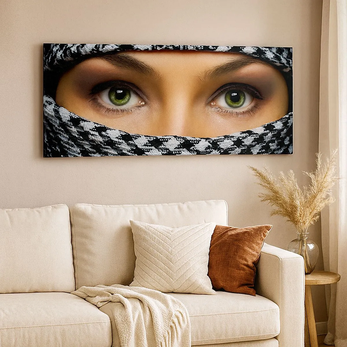 Obraz na plátně - Portrét zahalené zelenooké krásky - 100x40 cm