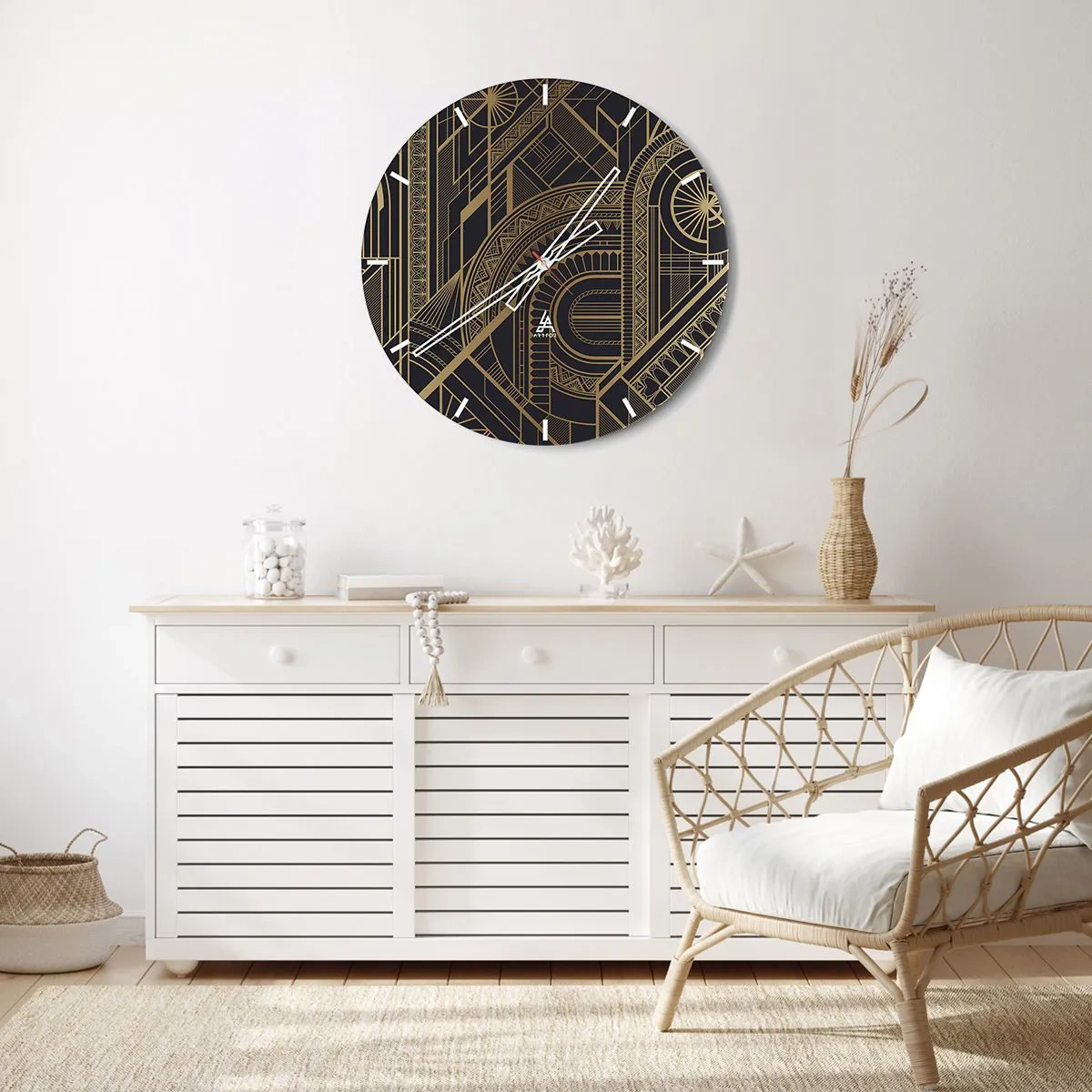 Nástěnné hodiny - Abstraktní geometrický vzor ve zlatých barvách - 30x30cm - Koncepty, nápady, plány - Moderní nástěnná dekorace do obývacího pokoje, kuchyně a ložnice ARTTOR