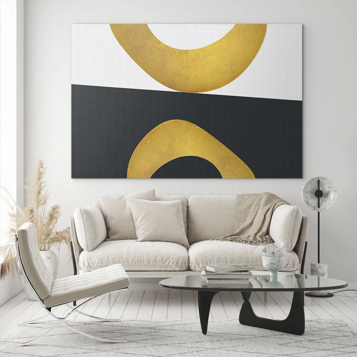 Obraz na skle - Zlaté geometrické tvary na bílém a černém pozadí - 70x50cm - Zaprvé: zlato - Moderní nástěnná dekorace do obývacího pokoje a ložnice ARTTOR