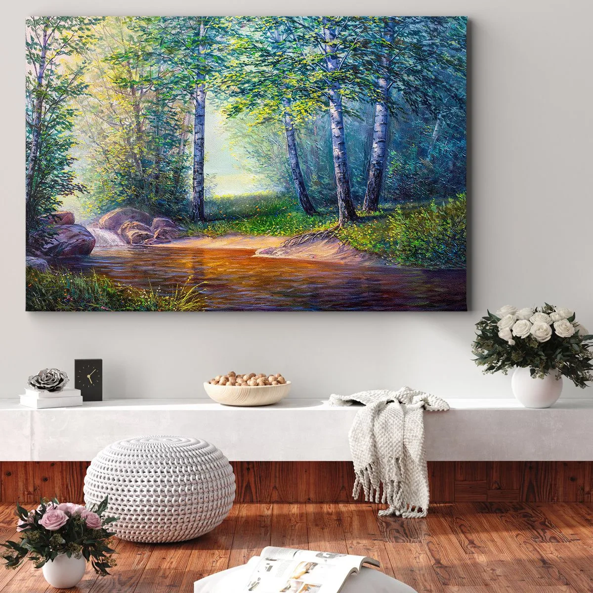 Obraz na plátně - Lesní potok obklopený břízami a sluncem - 70x50cm - Scénář selanky - Moderní nástěnná dekorace do obývacího pokoje a ložnice ARTTOR