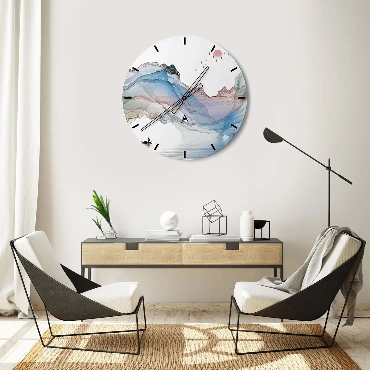 Nástěnné hodiny - Barevné, éterické hory s lodí na vodní hladině - 30x30cm - Ke křišťálovým horám - Moderní nástěnná dekorace do obývacího pokoje, kuchyně a ložnice ARTTOR