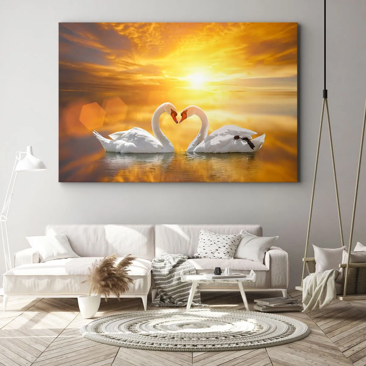 Obraz na plátně - Romantická scéna dvou labutí tvořících srdce na pozadí zlatavého západu slunce. - 70x50cm - Srdce je nejkrásnější slovo světa… - Moderní nástěnná dekorace do obývacího pokoje a ložnice ARTTOR