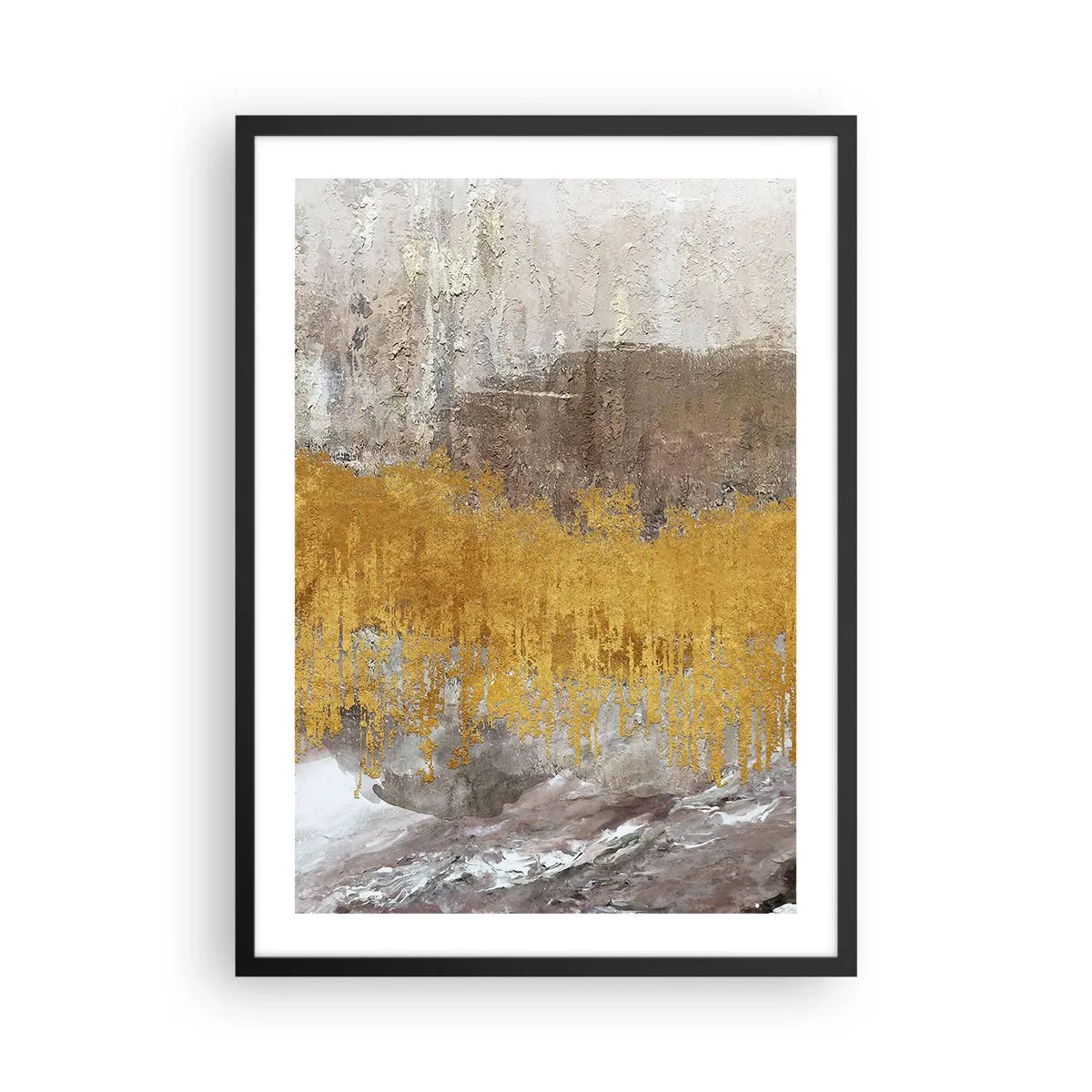 Plakát v černém rámu - Abstraktní textura ve zlaté a béžové barvě s efektem hloubky - 50x70cm - Zlatistý závan - Moderní nástěnná dekorace do obývacího pokoje a ložnice ARTTOR