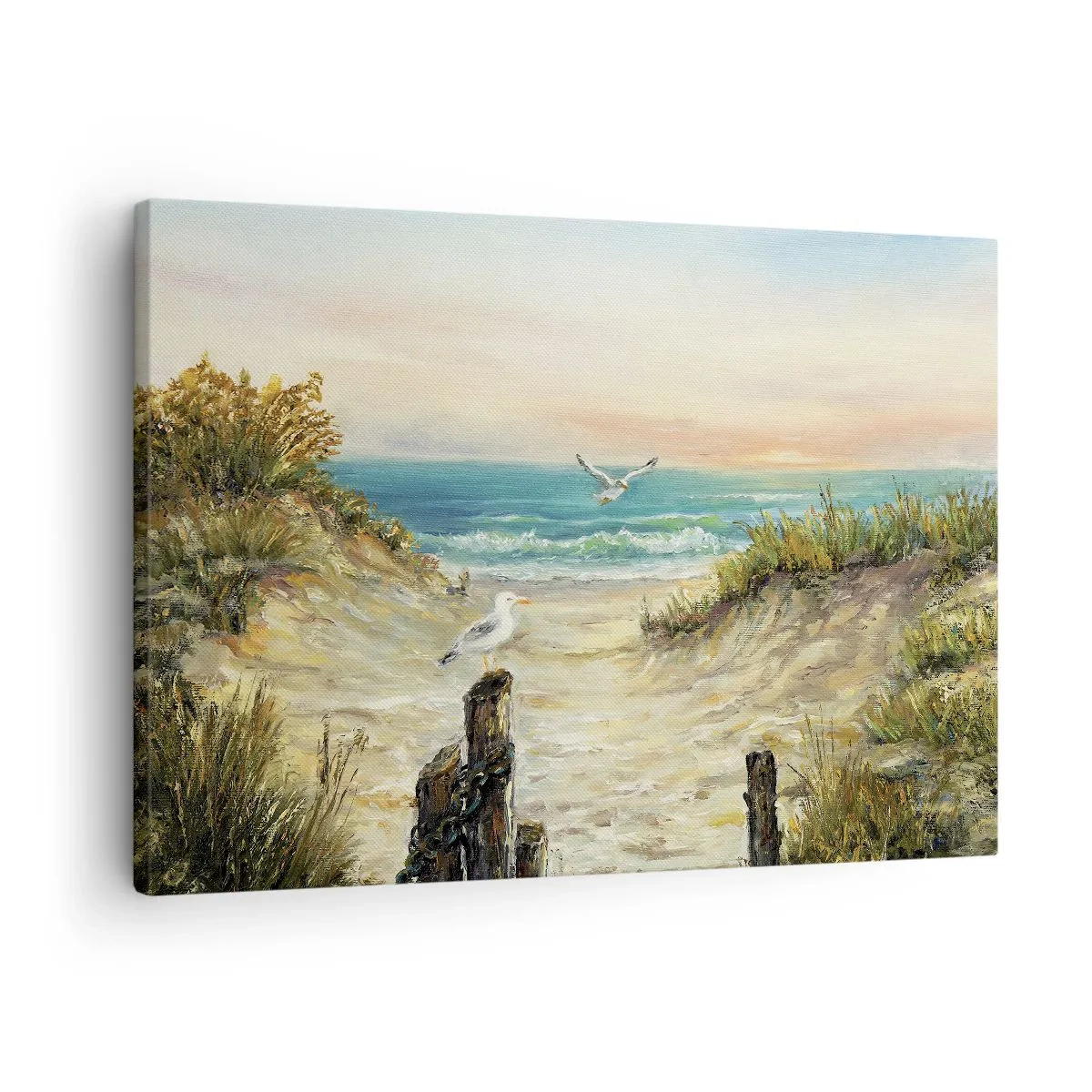 Obraz na plátně - Pobřeží s racky a dunami při západu slunce - 70x50cm - Bezvětří a samota - Moderní nástěnná dekorace do obývacího pokoje a ložnice ARTTOR