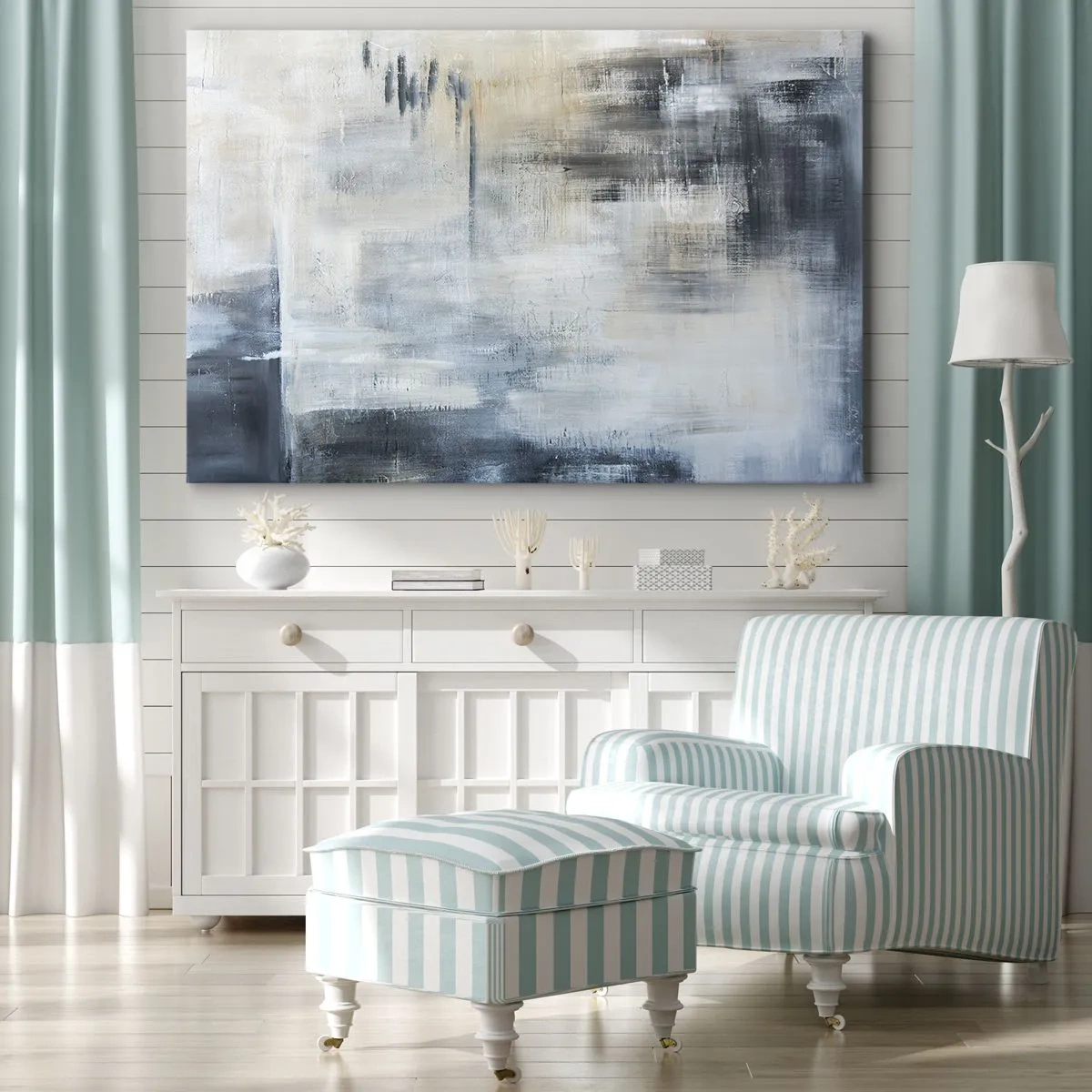 Obraz na plátně - Abstraktní kompozice v odstínech modré a šedé - 70x50cm - Za závojem modré - Moderní nástěnná dekorace do obývacího pokoje a ložnice ARTTOR
