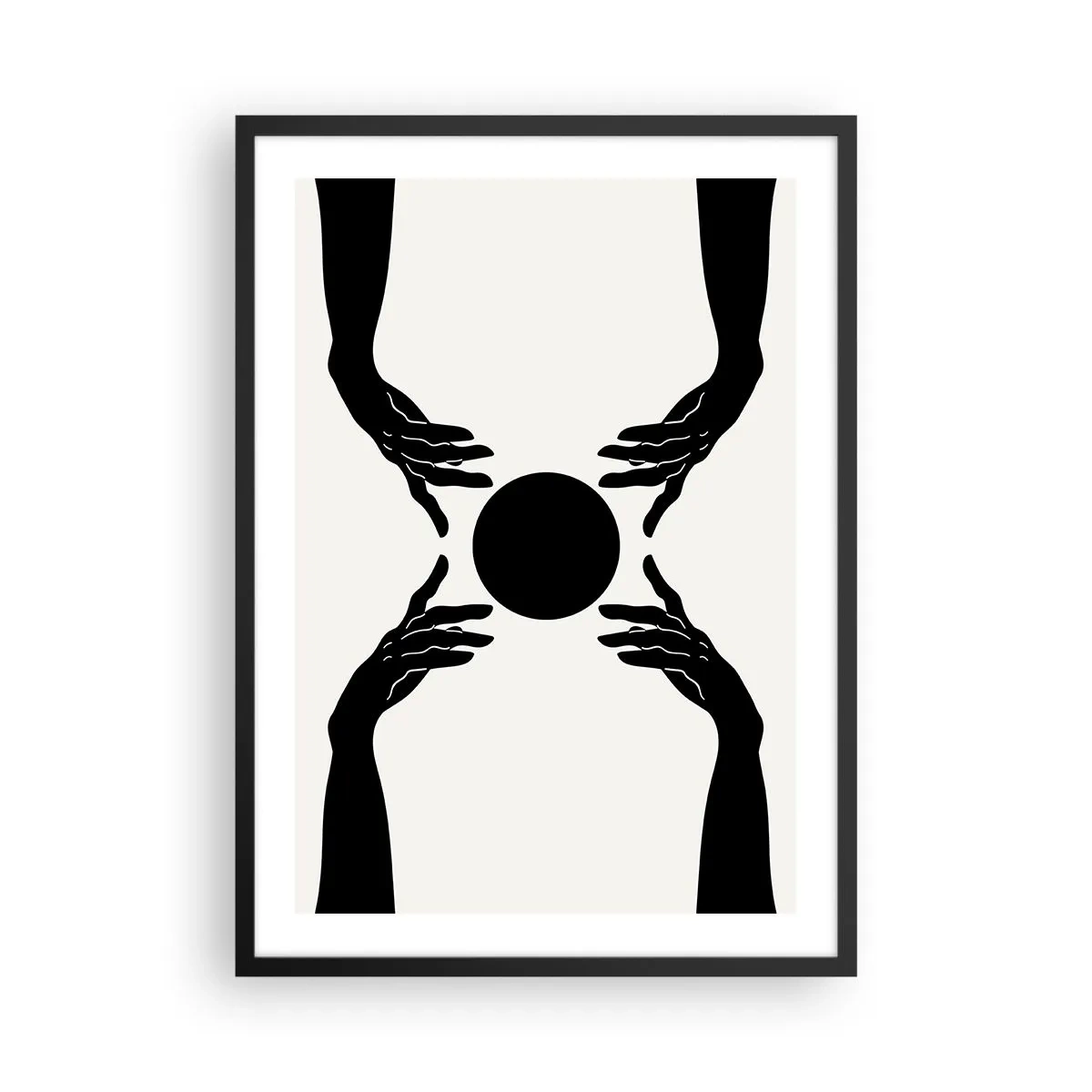 Plakát v černém rámu - Černobílá grafika ruky s míčem - 50x70cm - Tajné znamení - Moderní nástěnná dekorace do obývacího pokoje a ložnice ARTTOR