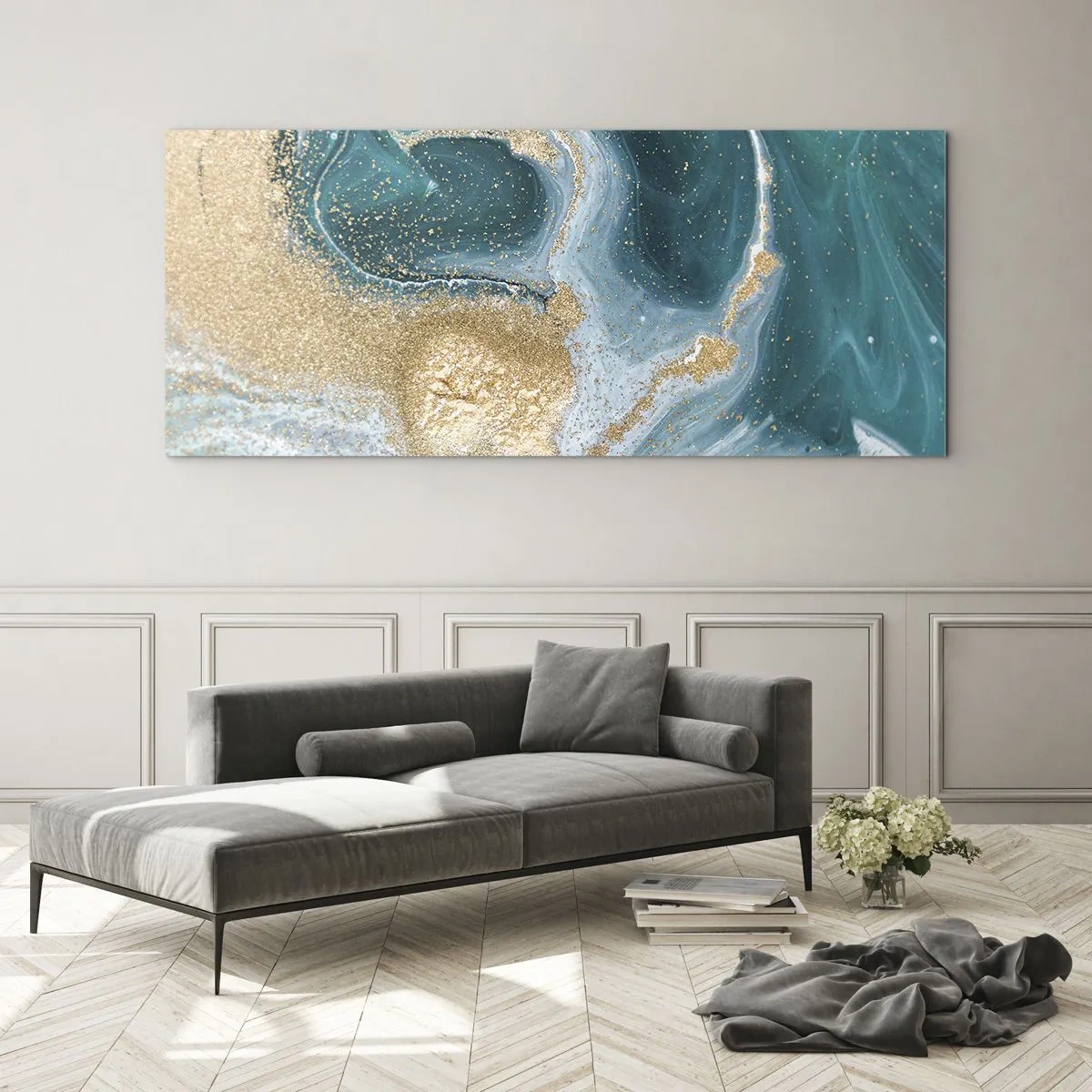 Obraz na skle - Vír zlaté a tyrkysové - 120x50 cm