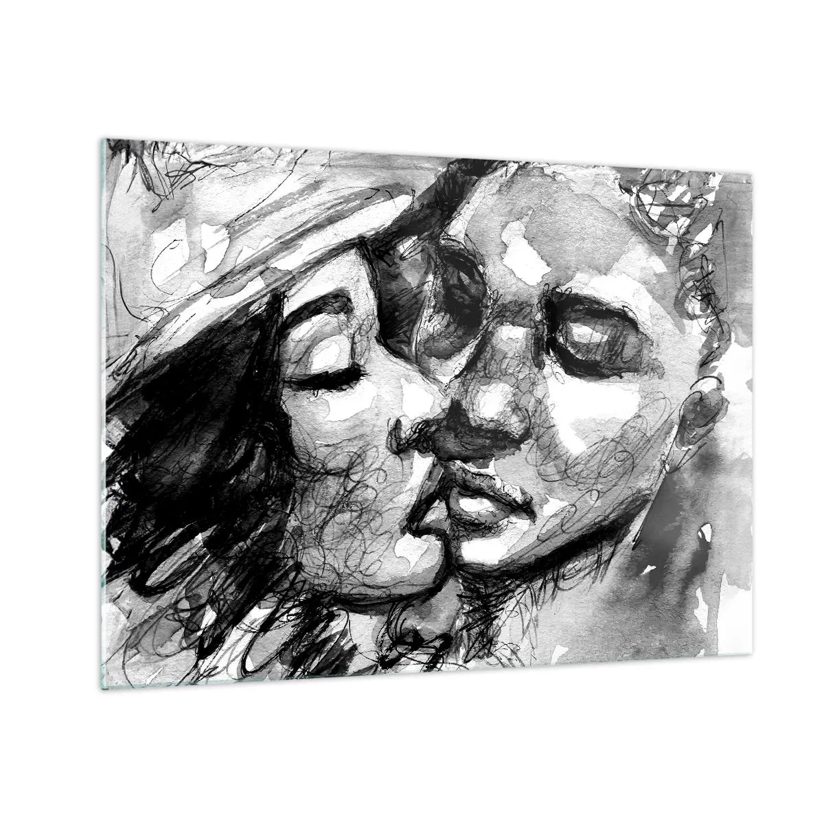 Obraz na skle - Černobílá skica něžného polibku - 70x50cm - Něžný okamžik - Moderní nástěnná dekorace do obývacího pokoje a ložnice ARTTOR