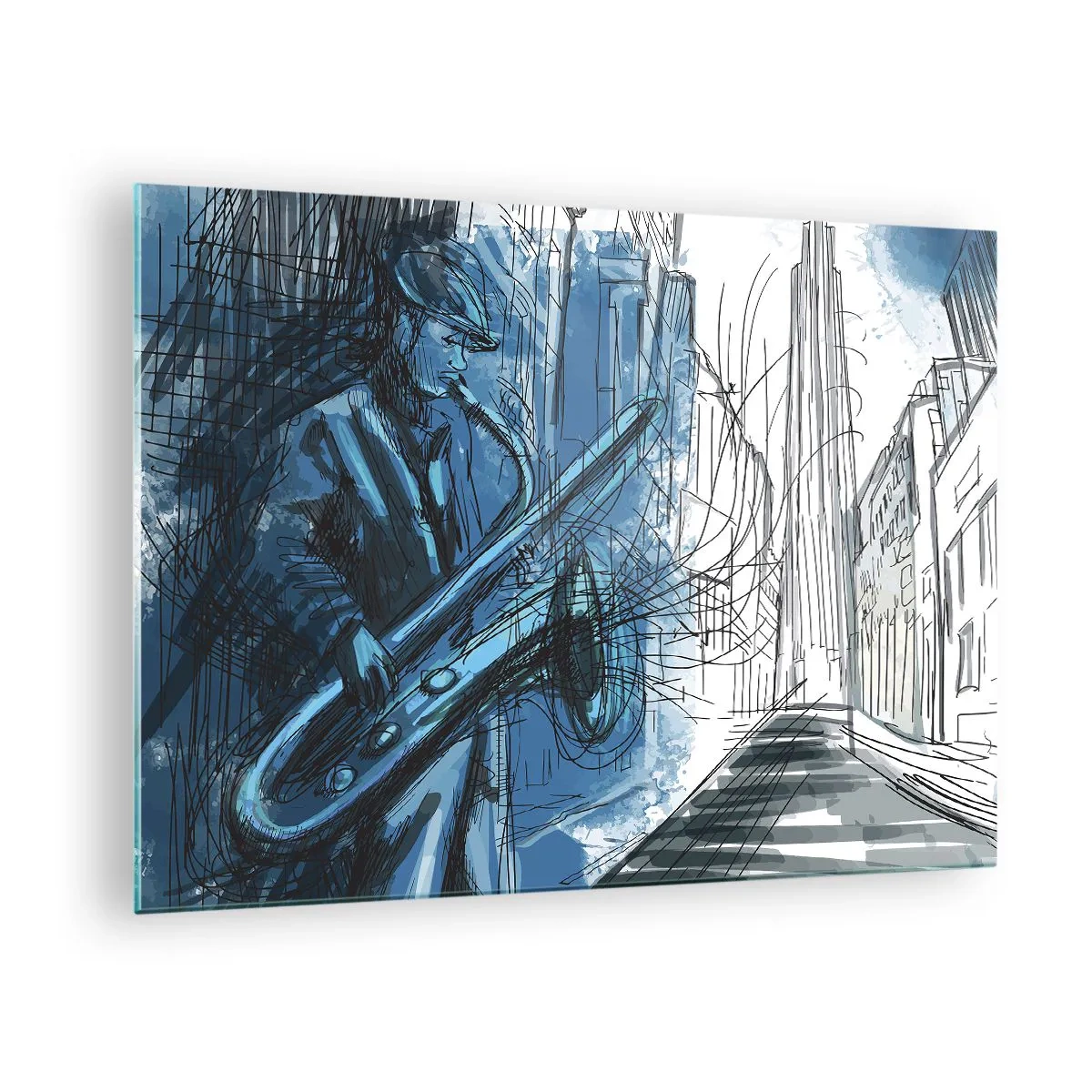 Obraz na skle - Jazzový saxofonista v modrém městském prostředí - 70x50cm - Městská rapsodie - Moderní nástěnná dekorace do obývacího pokoje a ložnice ARTTOR