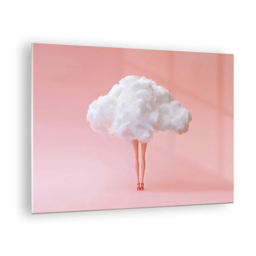 Obraz na skle - Ženská postava s mrakem místo šatů na pastelově růžovém pozadí. - 70x50cm - Sladký slib - Moderní nástěnná dekorace do obývacího pokoje a ložnice ARTTOR