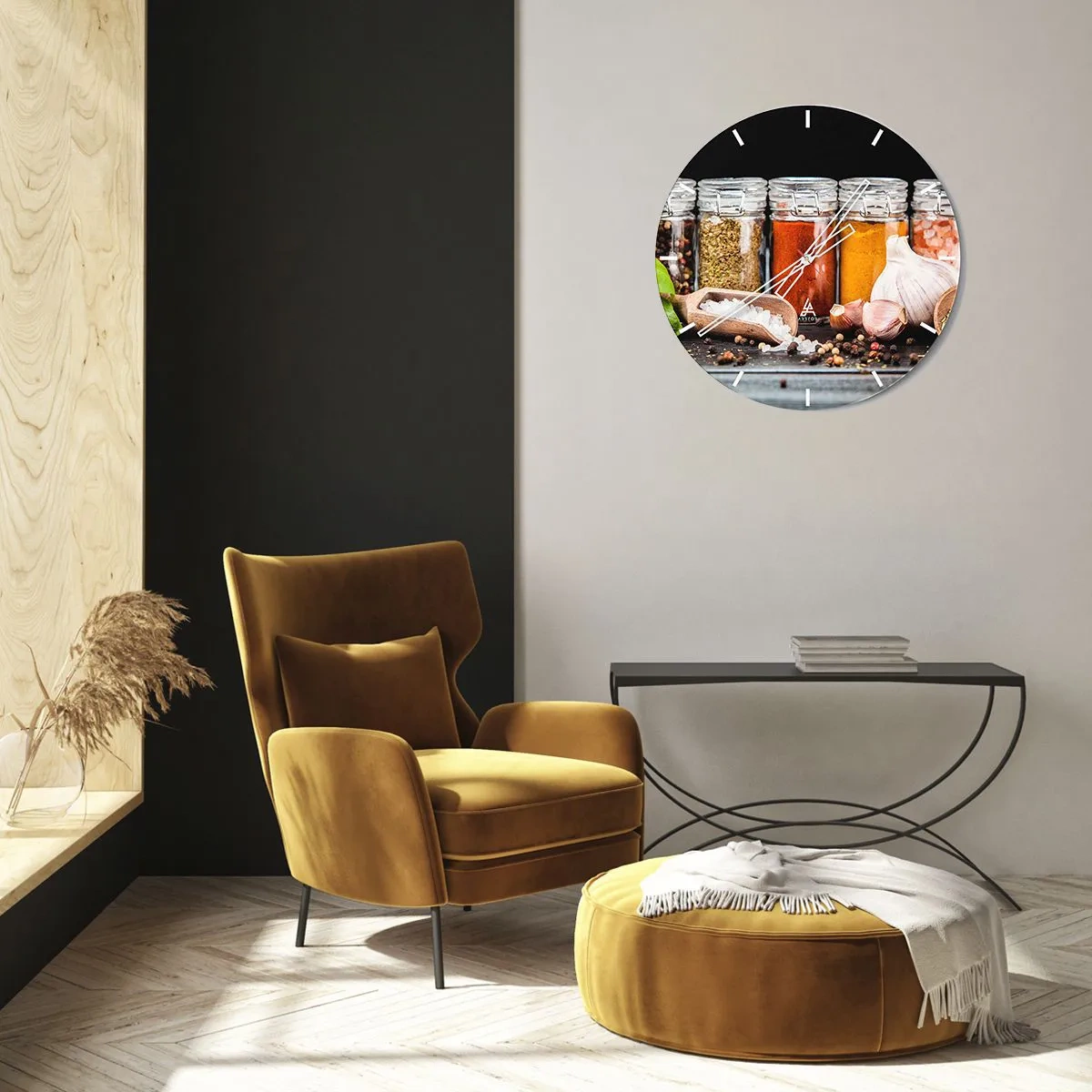 Nástěnné hodiny - Barevné koření ve sklenicích a kuchyňské doplňky - 30x30cm - Aby měl život chuť - Moderní nástěnná dekorace do obývacího pokoje, kuchyně a ložnice ARTTOR