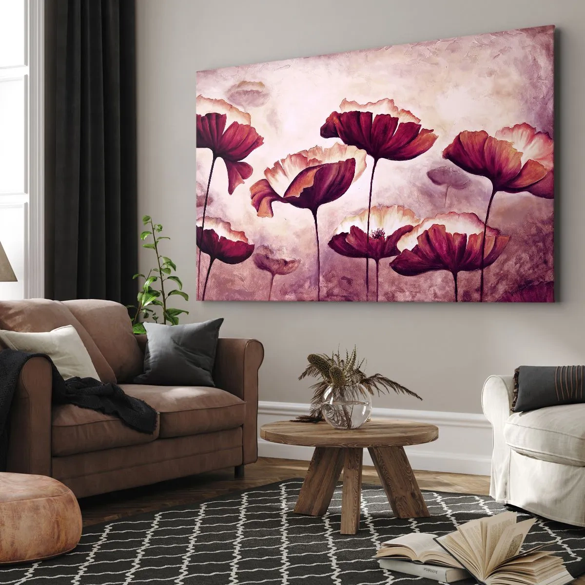 Obraz na plátně - Květiny v odstínech červené a bílé na decentním pozadí - 70x50cm - Červený a bílý plátek - Moderní nástěnná dekorace do obývacího pokoje a ložnice ARTTOR