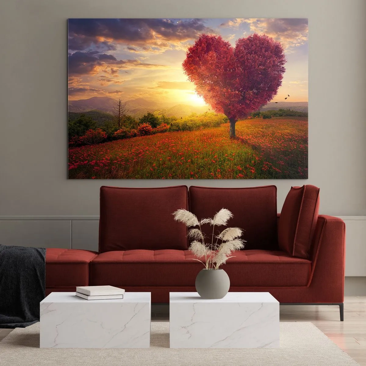 Obraz na skle - Strom ve tvaru srdce na poli při západu slunce - 70x50cm - Je to dojemné - Moderní nástěnná dekorace do obývacího pokoje a ložnice ARTTOR