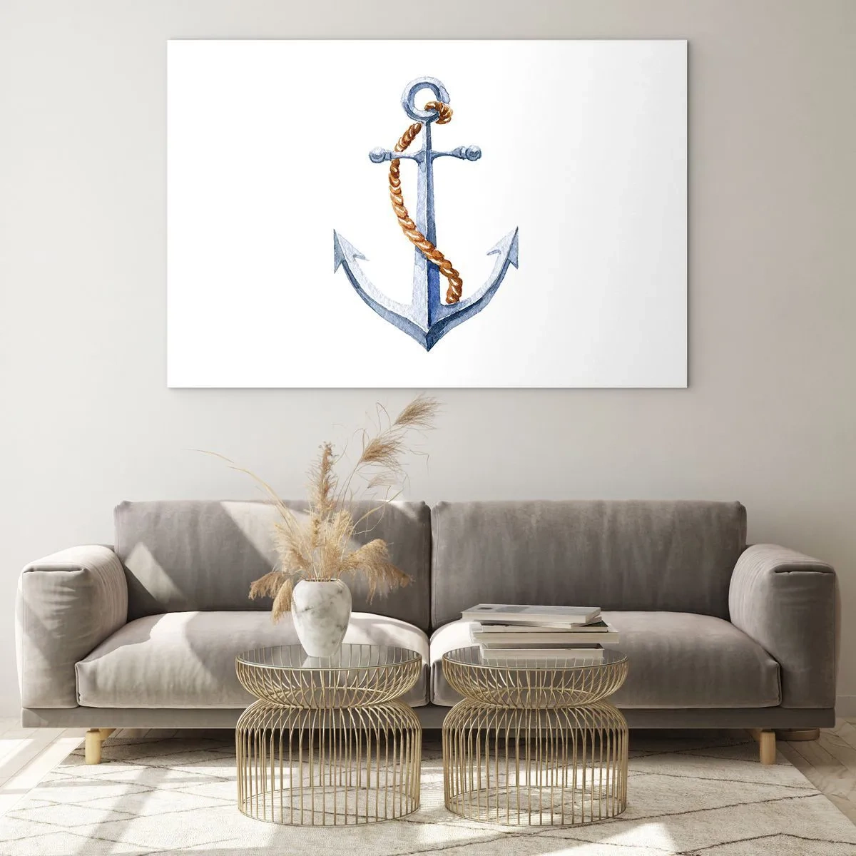 Obraz na skle - Kotva s lanem v námořnickém stylu - 70x50cm - Ahoj, dobrodružství! - Moderní nástěnná dekorace do obývacího pokoje a ložnice ARTTOR