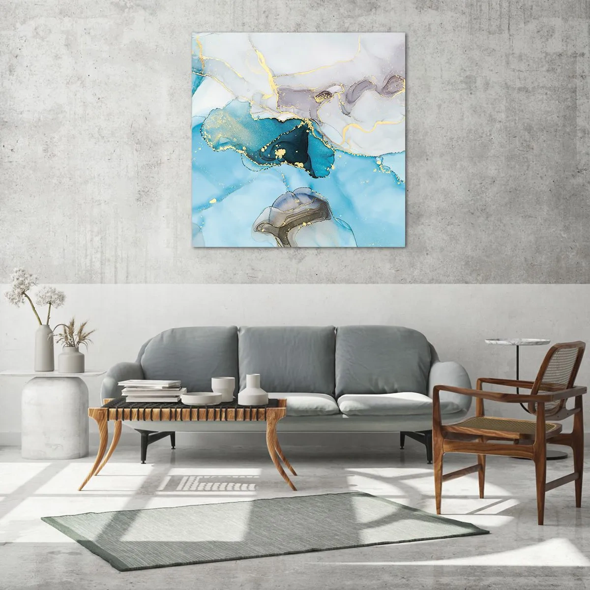 Obraz na skle - Studie o setkání šedé a tyrkysové - 60x60 cm