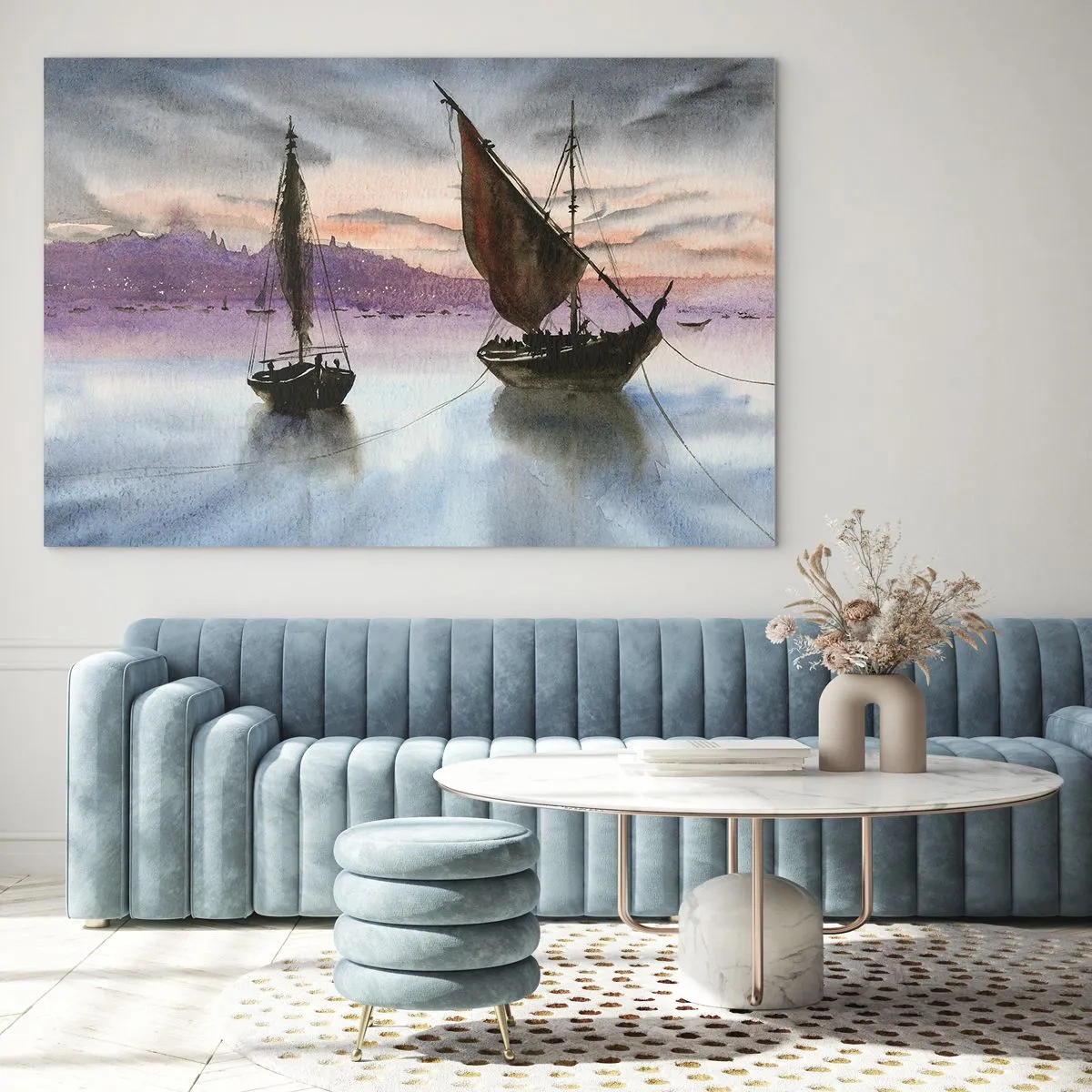 Obraz na skle - Dvě plachetnice na klidné vodě při západu slunce - 70x50cm - Večer v přístavu - Moderní nástěnná dekorace do obývacího pokoje a ložnice ARTTOR