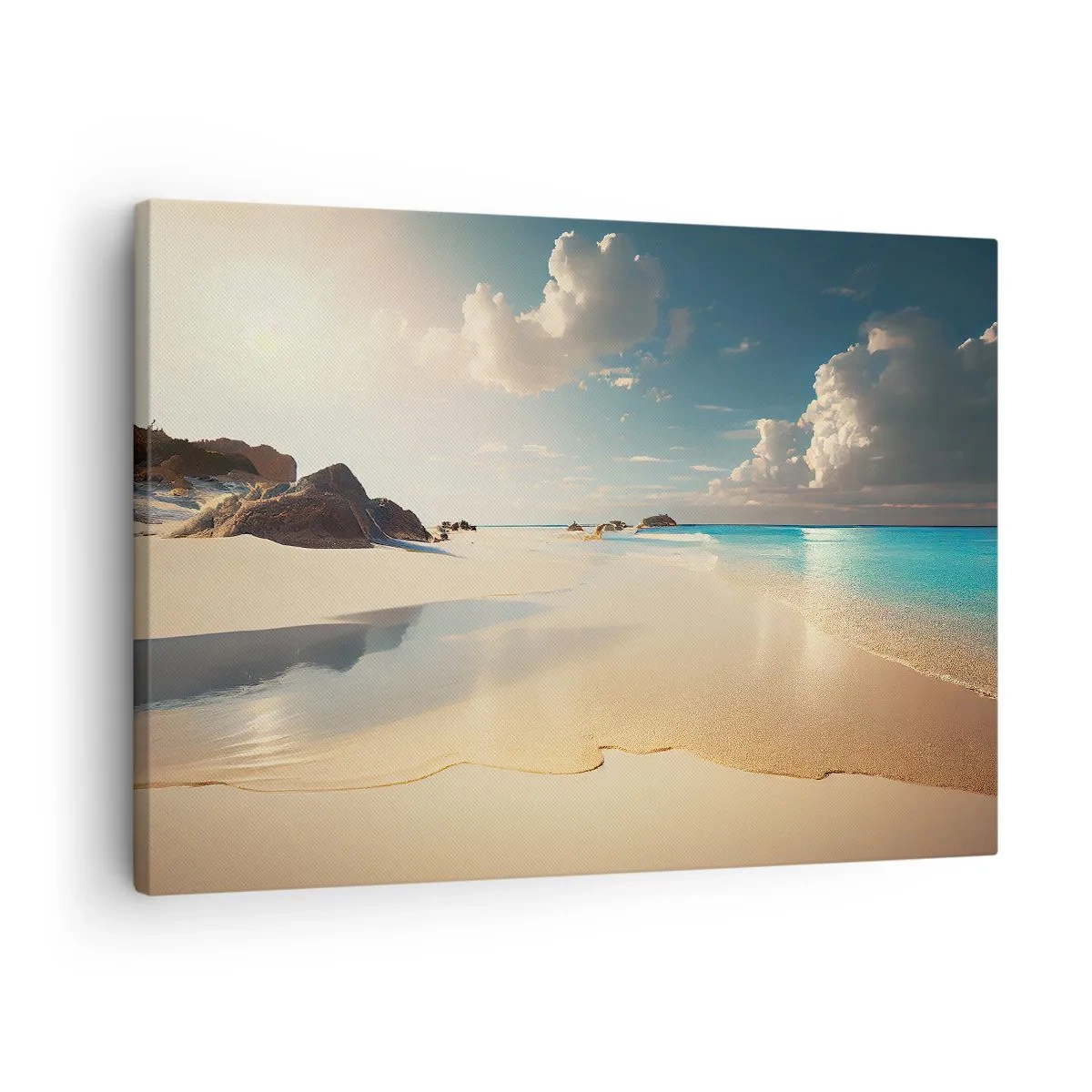Obraz na plátně - Slunečná pláž s modrým mořem a skalami - 70x50cm - Vysněný den - Moderní nástěnná dekorace do obývacího pokoje a ložnice ARTTOR