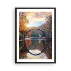 Plakát v černém rámu - Kamenný most přes jezero v podzimní krajině - 50x70cm - Za zrcadlem - Moderní nástěnná dekorace do obývacího pokoje a ložnice ARTTOR