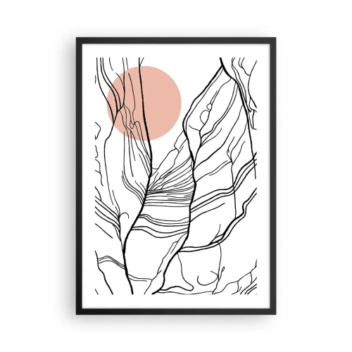 Plakát v černém rámu - Minimalistická čárová grafika s růžovým kruhem v pozadí - 50x70cm - V síti větviček - Moderní nástěnná dekorace do obývacího pokoje a ložnice ARTTOR