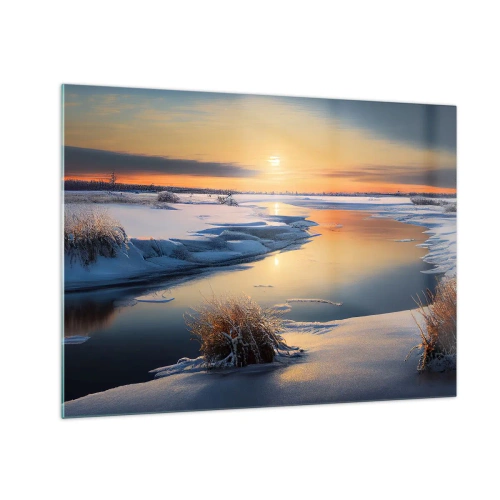 Obraz na skle - Zimní krajina se západem slunce nad zamrzlou řekou - 70x50cm - Zimní západ slunce - Moderní nástěnná dekorace do obývacího pokoje a ložnice ARTTOR