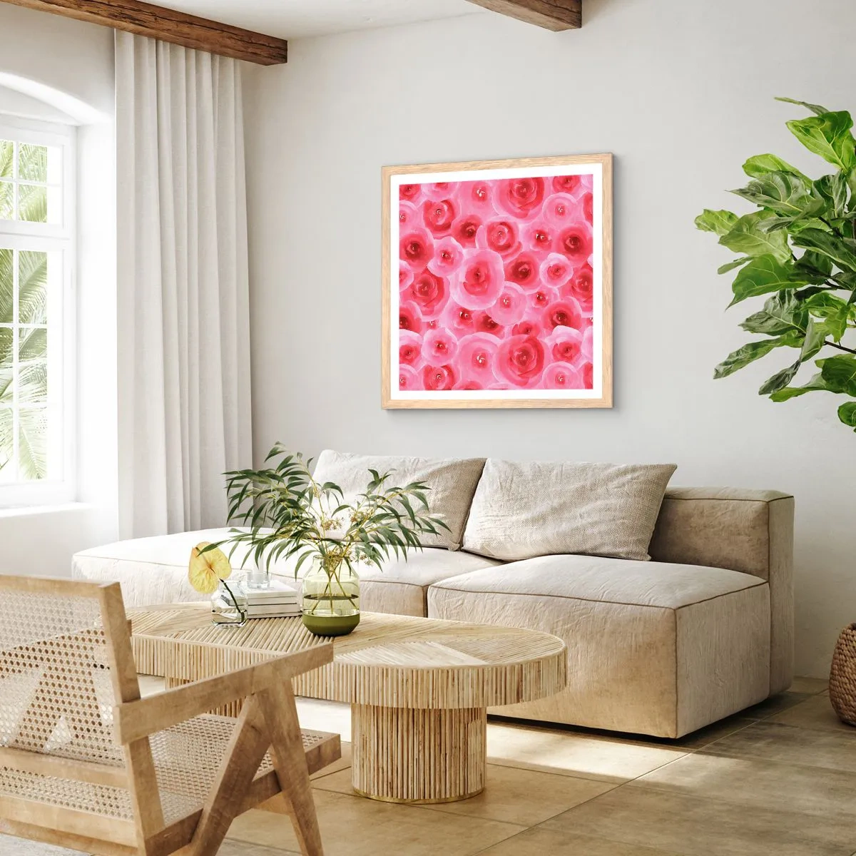 Plakát v rámu světlý dub - Růže dole i nahoře - 40x40 cm