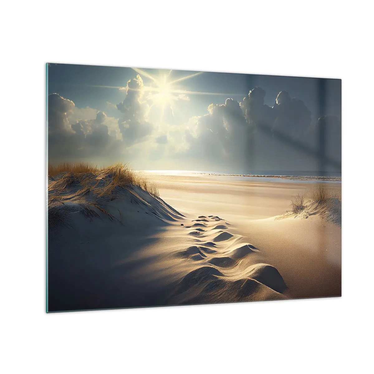 Obraz na skle - Zlaté duny ozářené slunečními paprsky - 70x50cm - Uklidňující krajina - Moderní nástěnná dekorace do obývacího pokoje a ložnice ARTTOR