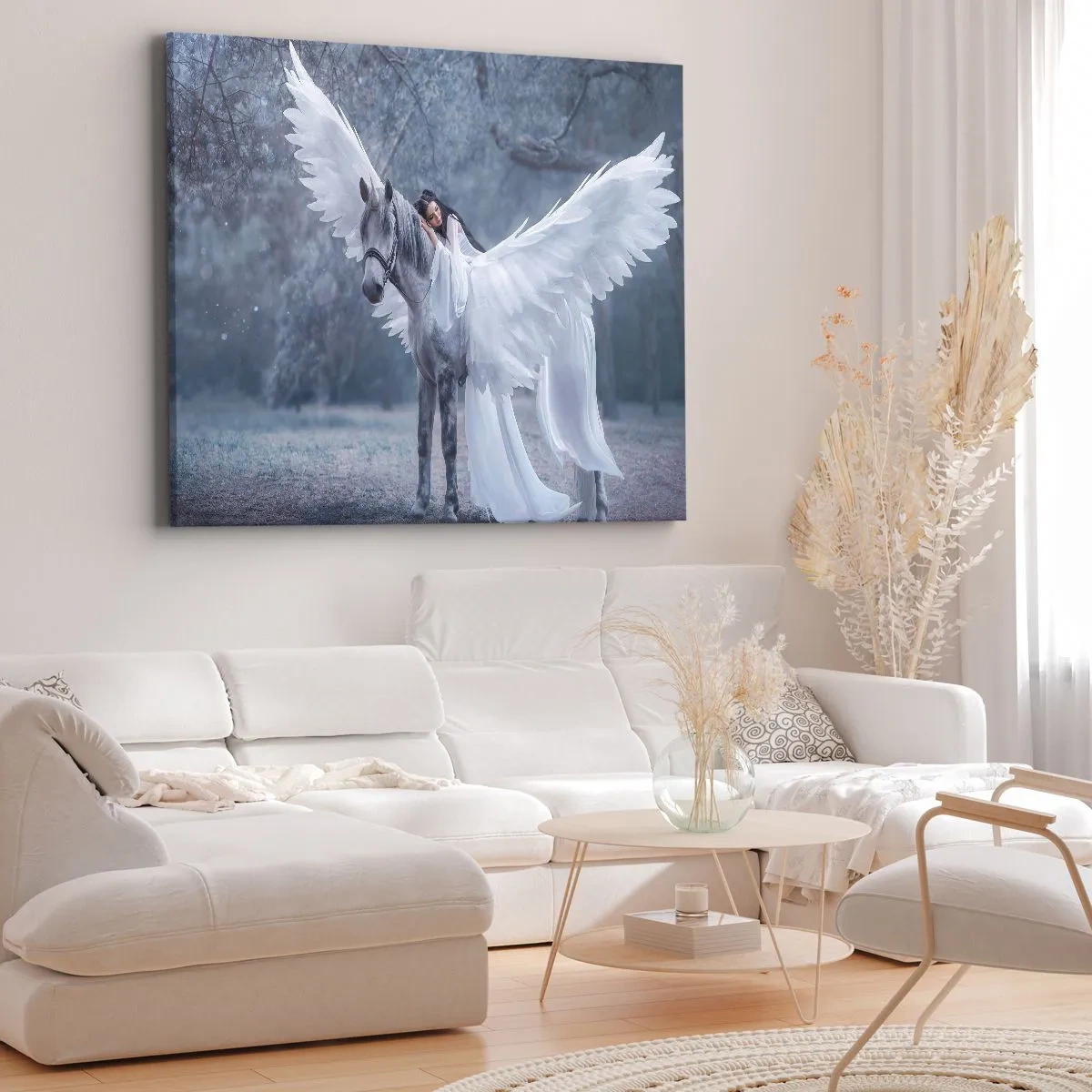 Obraz na plátně - Žena na bílém koni s křídly v kouzelném lese - 70x50cm - Nadšený okamžik - Moderní nástěnná dekorace do obývacího pokoje a ložnice ARTTOR