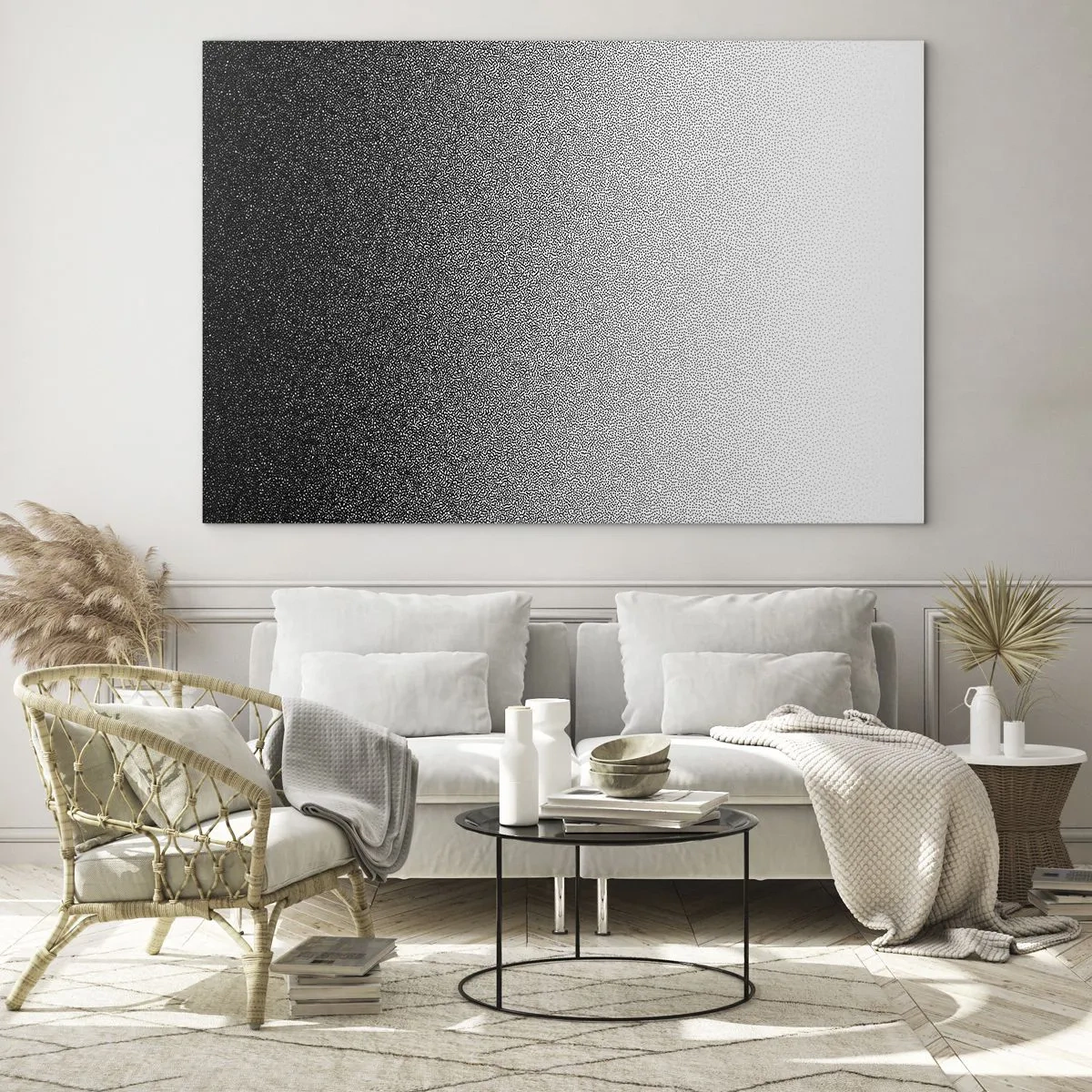 Obraz na skle - Černobílý gradient se zrnitými a světelnými efekty - 70x50cm - Směrem ke světlu - Moderní nástěnná dekorace do obývacího pokoje a ložnice ARTTOR