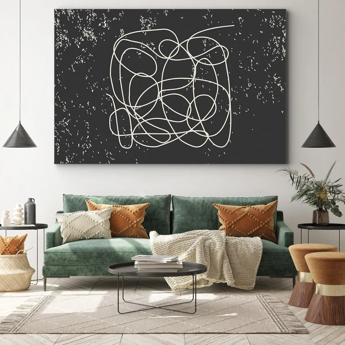 Obraz na plátně - Abstraktní čára na černém pozadí s jemnými detaily - 70x50cm - Toulání myslí - Moderní nástěnná dekorace do obývacího pokoje a ložnice ARTTOR