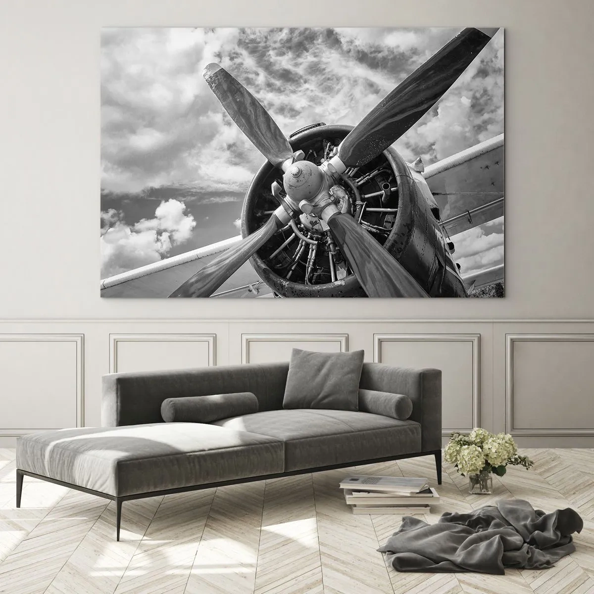 Obraz na skle - Detailní záběr na vrtuli letadla v černé a bílé. - 70x50cm - Dobyvatel oblohy - Moderní nástěnná dekorace do obývacího pokoje a ložnice ARTTOR