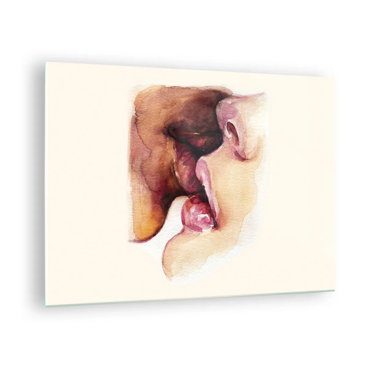 Obraz na skle - Umělecký akvarelový polibek dvou tváří na světlém pozadí - 70x50cm - Jako noc a den, země a nebe - Moderní nástěnná dekorace do obývacího pokoje a ložnice ARTTOR