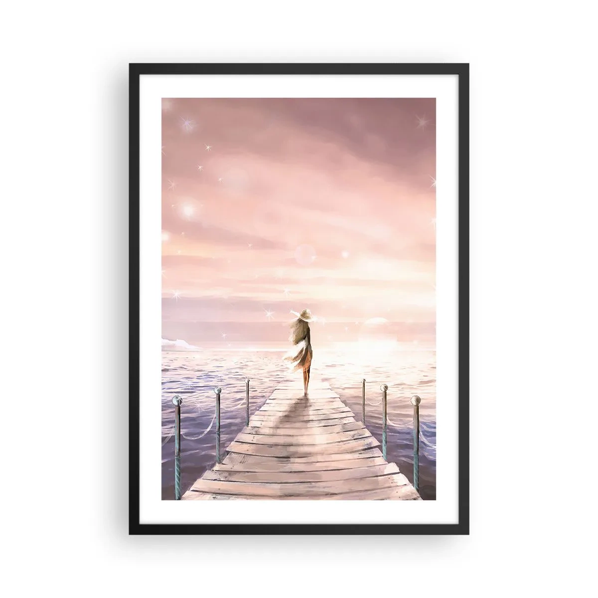 Plakát v černém rámu - Romantické molo při západu slunce se ženou v klobouku - 50x70cm - Ve světle snu - Moderní nástěnná dekorace do obývacího pokoje a ložnice ARTTOR
