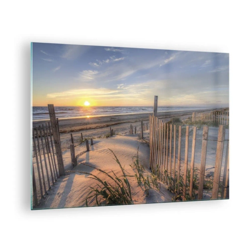 Obraz na skle - Pláž s dunami při západu slunce - 70x50cm - Odlesk a stín větru - Moderní nástěnná dekorace do obývacího pokoje a ložnice ARTTOR