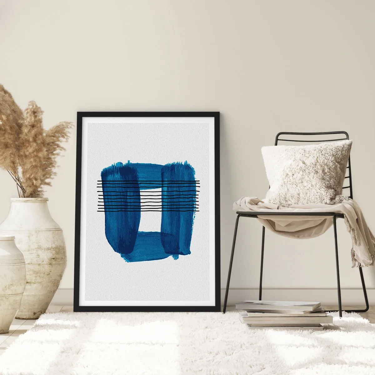 Plakát v černém rámu - Abstraktní kompozice v odstínech modré - 50x70cm - Modročerná kompozice - Moderní nástěnná dekorace do obývacího pokoje a ložnice ARTTOR