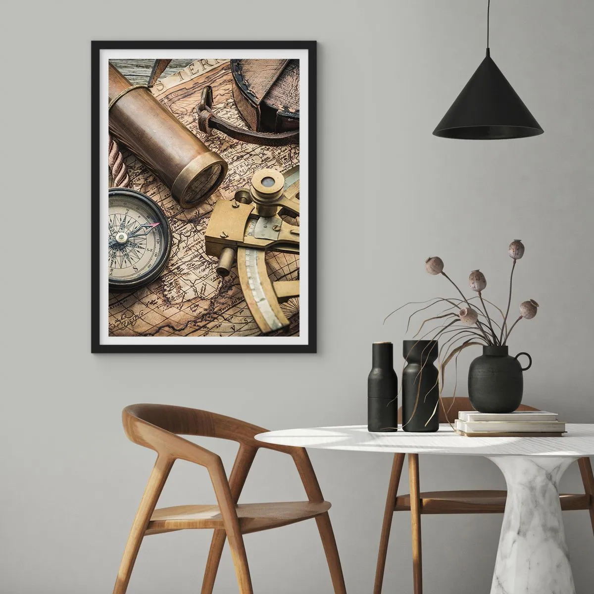 Plakát v černém rámu - Navigační sada s mapou, kompasem a sextantem - 50x70cm - Urči směr - Moderní nástěnná dekorace do obývacího pokoje a ložnice ARTTOR