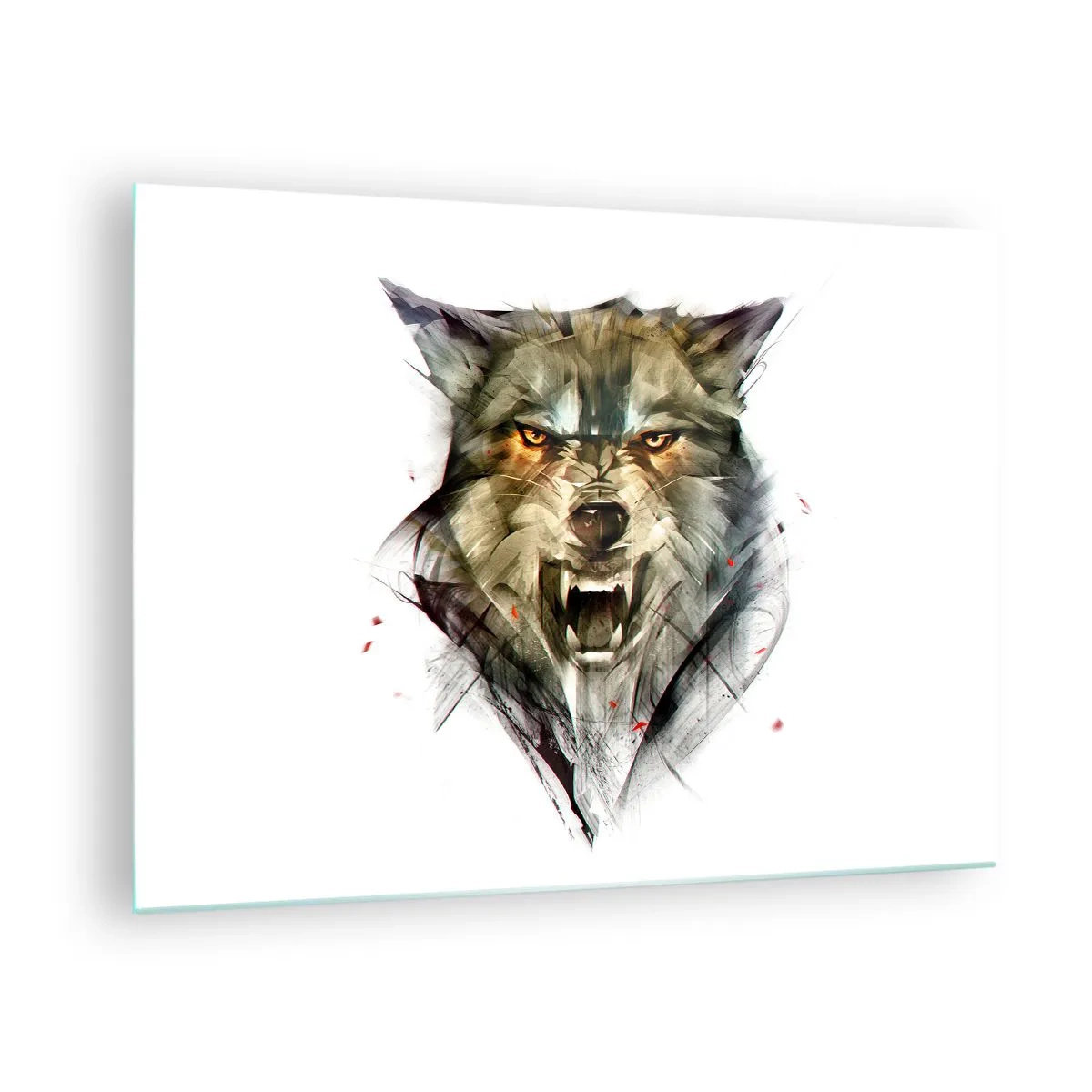 Obraz na skle - Grafika hrozivého vlka s otevřenou tlamou a intenzivním pohledem - 70x50cm - Ani krok! - Moderní nástěnná dekorace do obývacího pokoje a ložnice ARTTOR
