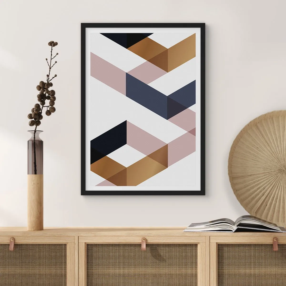 Plakát v černém rámu - Geometrické tvary v odstínech zlaté, černé a béžové - 50x70cm - Roviny a úhly - Moderní nástěnná dekorace do obývacího pokoje a ložnice ARTTOR