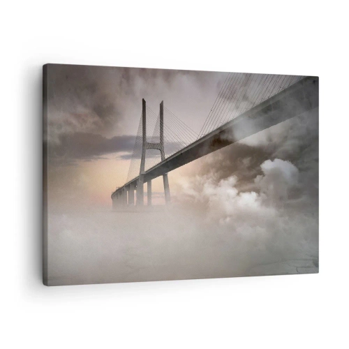 Obraz na plátně - Most přes řeku obklopený ranní mlhou - 70x50cm - U řeky, která není - Moderní nástěnná dekorace do obývacího pokoje a ložnice ARTTOR