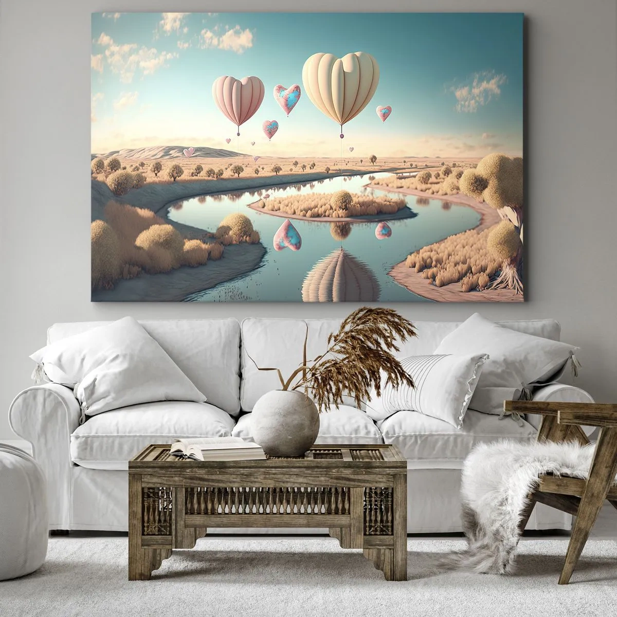Obraz na plátně - Balónky ve tvaru srdce vznášející se nad krajinou - 70x50cm - Láska tě nechá vzlétnout - Moderní nástěnná dekorace do obývacího pokoje a ložnice ARTTOR
