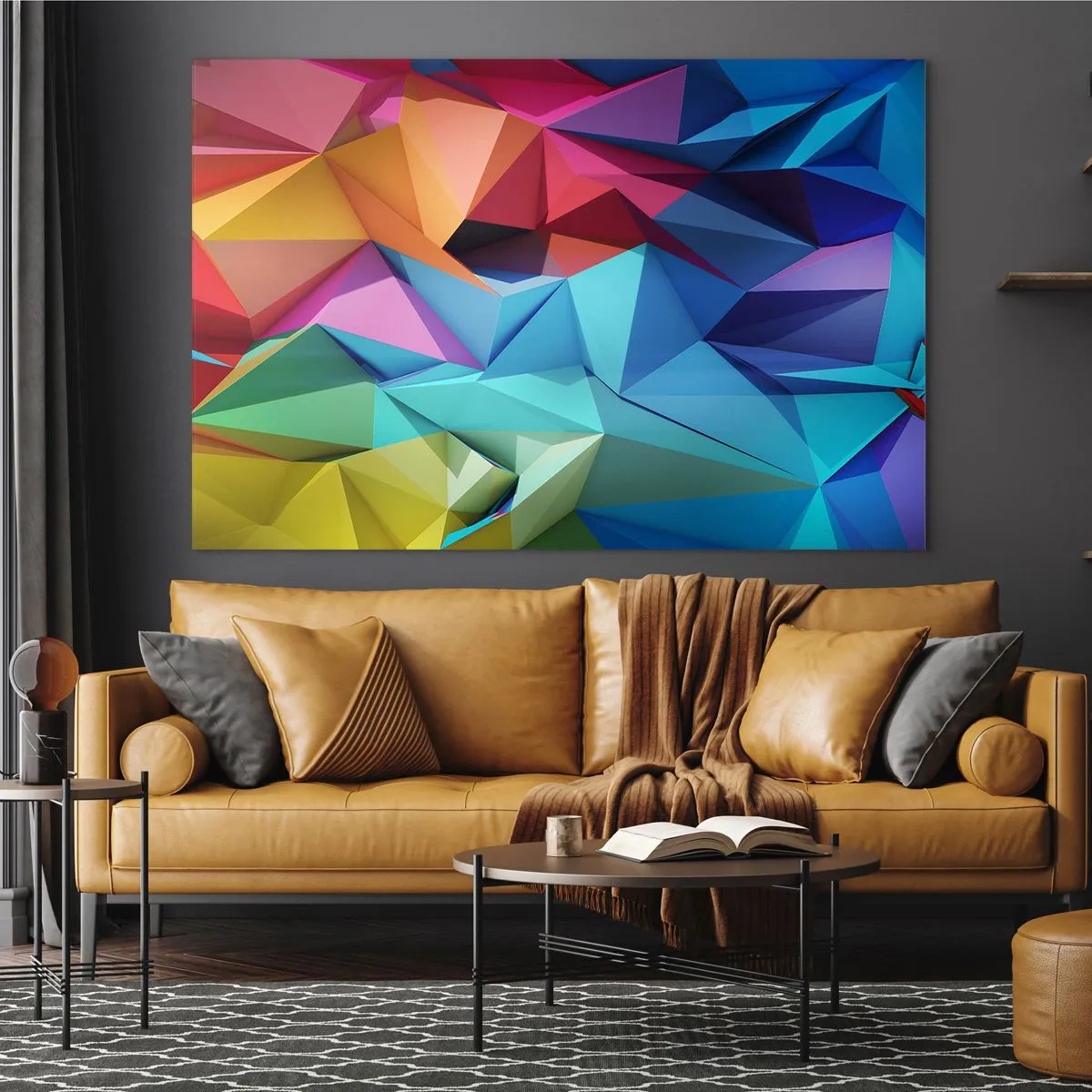Obraz na skle - Geometrická kompozice v intenzivních, vícebarevných odstínech - 70x50cm - Duhové origami - Moderní nástěnná dekorace do obývacího pokoje a ložnice ARTTOR
