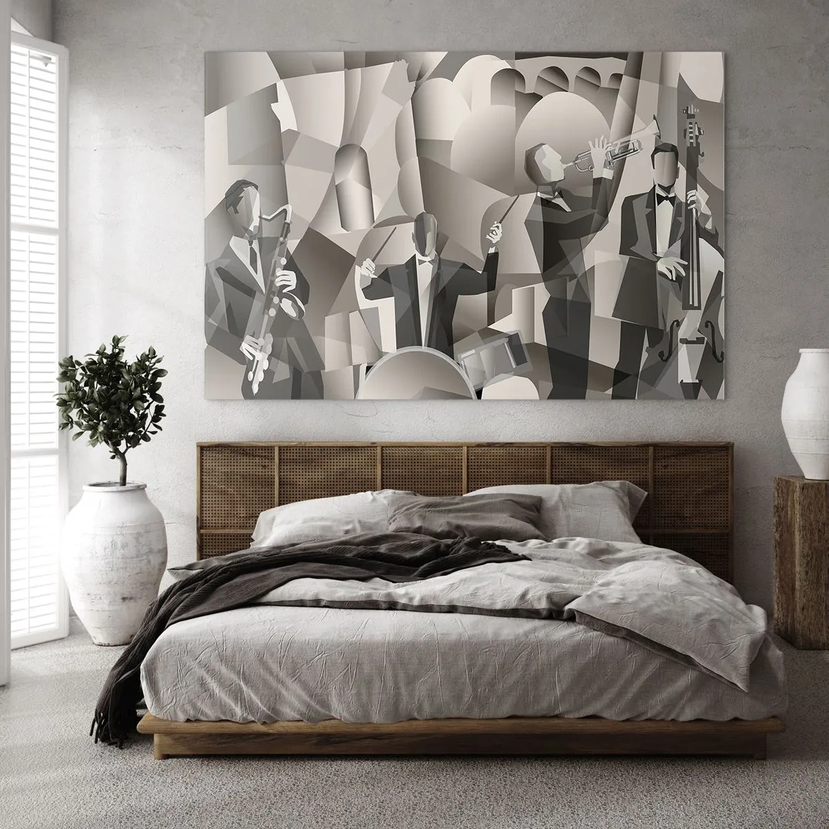 Obraz na skle - Stylizované pódium jazzové kapely v monochromatických tónech - 70x50cm - V prostoru zvuků - Moderní nástěnná dekorace do obývacího pokoje a ložnice ARTTOR