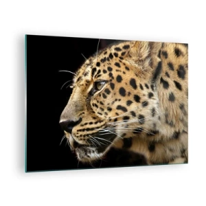 Obraz na skle - Profil leoparda na černém pozadí - 70x50cm - Klidný, soustředěný, připravený - Moderní nástěnná dekorace do obývacího pokoje a ložnice ARTTOR