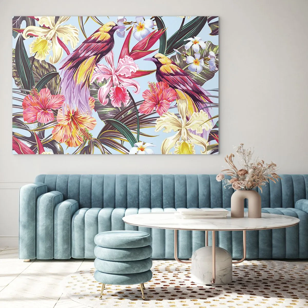 Obraz na skle - Exotické ptáky a květiny na světlém pozadí - 70x50cm - Plátky a pírka - Moderní nástěnná dekorace do obývacího pokoje a ložnice ARTTOR