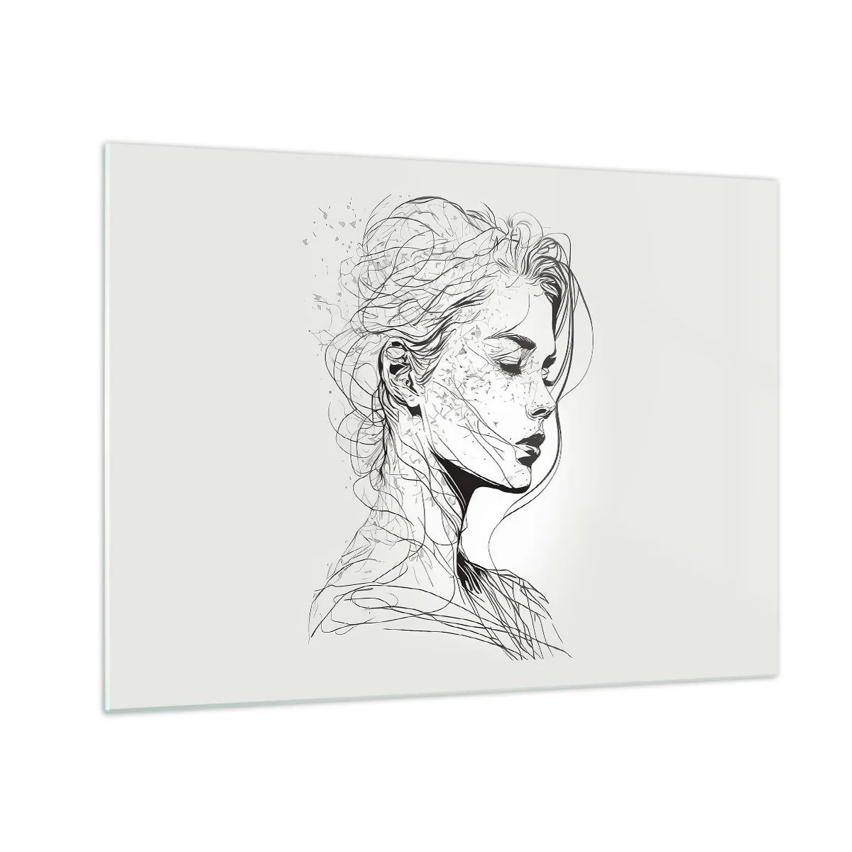 Obraz na skle - Černobílá skica ženy se zavřenýma očima v jemné linii. - 70x50cm - Portrét v zamyšlení - Moderní nástěnná dekorace do obývacího pokoje a ložnice ARTTOR